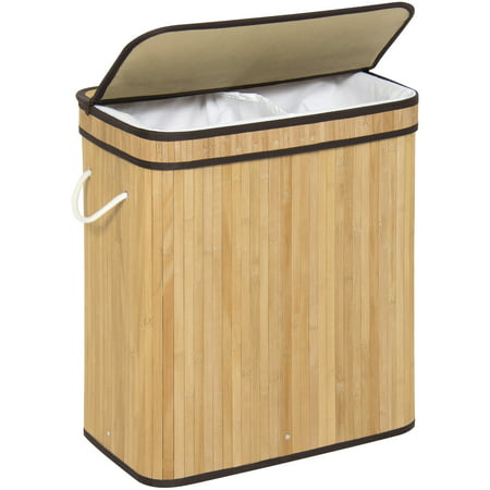Best Choice Products Bamboo Collapsible Double Sectioned Hamper Laundry Basket with Removable Liner Bag,