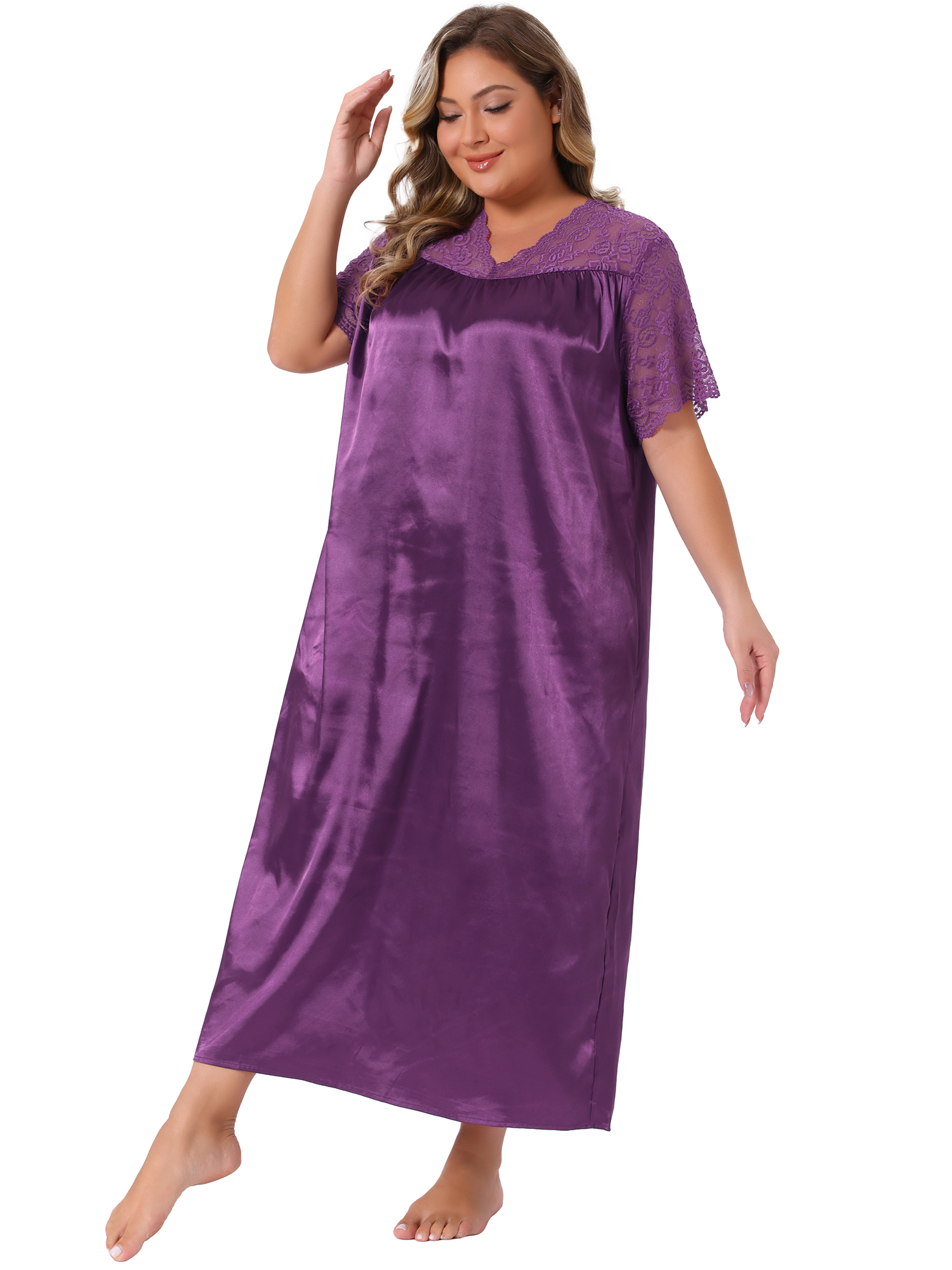 DARING DIVA Women's Plus Size Satin Short Sleeve Maxi  Nightgown 4X Purple