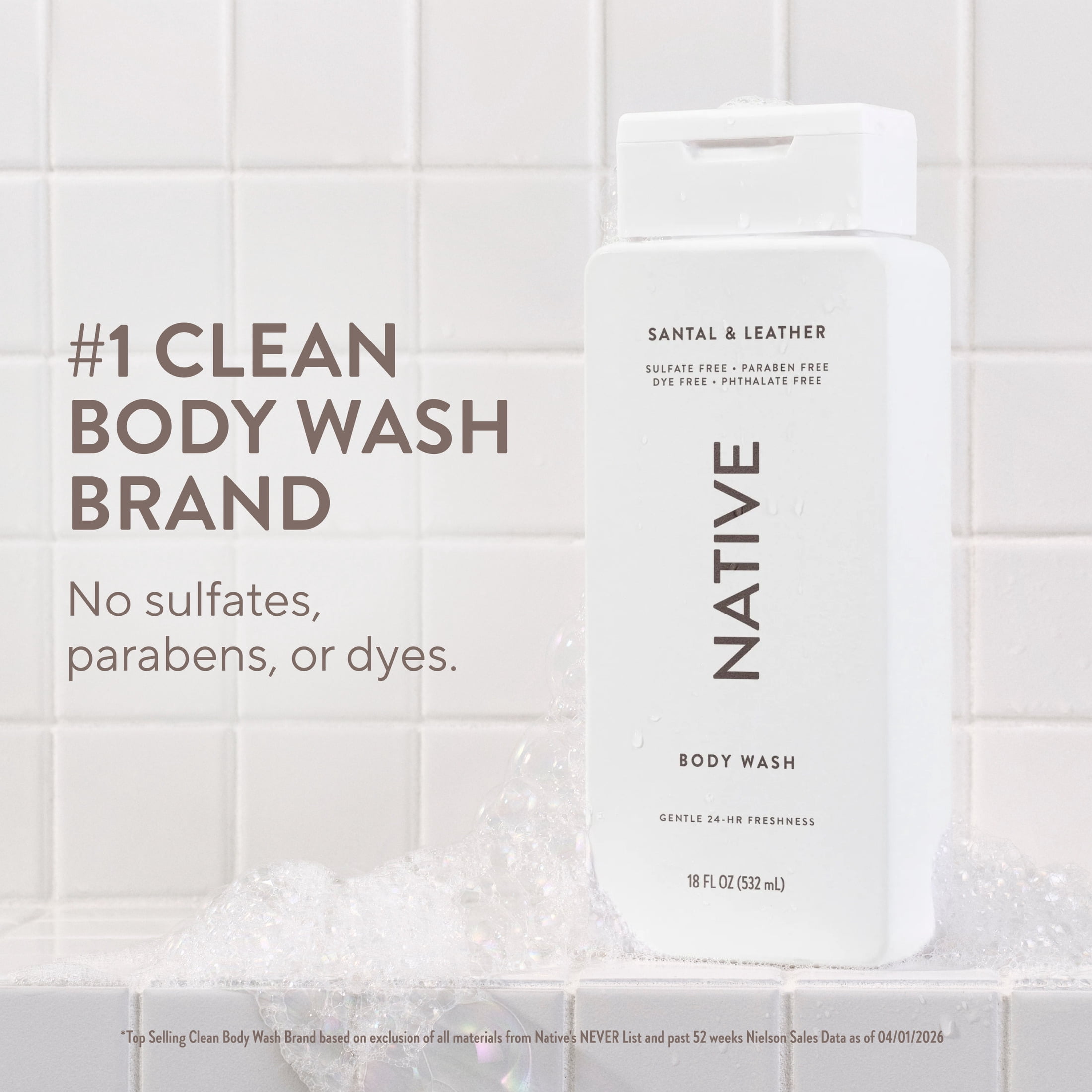 Native Body Wash for Women & Men, Sulfate Free, Santal & Leather,  18 fl oz