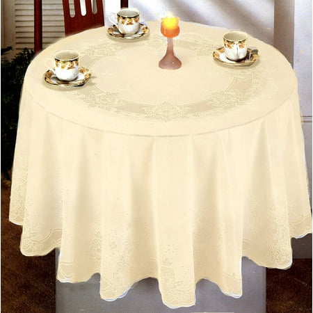

Vinyl lace Floral Tablecloth Spill Proof Waterproof Non-Slip and Stain Resistant Fully Covered Vinyl Backing Easy Care 60 Inches Round Bone Beige for indoors and outdoors.
