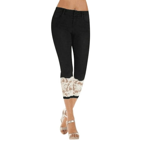 iHPH7 Cropped Jeans Women Capri Jeans for Women Skinny Jeans for Women Lace Jeans for Women Stretchy Jeans for Women Black M