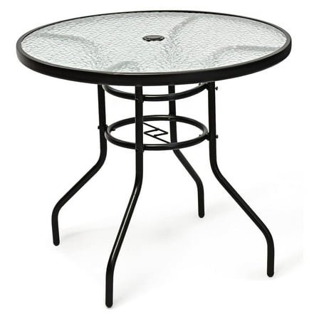 32'' Patio Table with Umbrella Hole, Outdoor Bistro Table w/Tempered Glass Top & Sturdy Metal Frame, Round Patio Dining Table Coffee Table for Garden, Balcony, Poolside