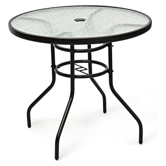 32'' Patio Table with Umbrella Hole, Outdoor Bistro Table w/Tempered Glass Top & Sturdy Metal Frame, Round Patio Dining Table Coffee Table for Garden, Balcony, Poolside