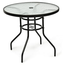 32'' Patio Table with Umbrella Hole, Outdoor Bistro Table w/Tempered Glass Top & Sturdy Metal Frame, Round Patio Dining Table Coffee Table for Garden, Balcony, Poolside