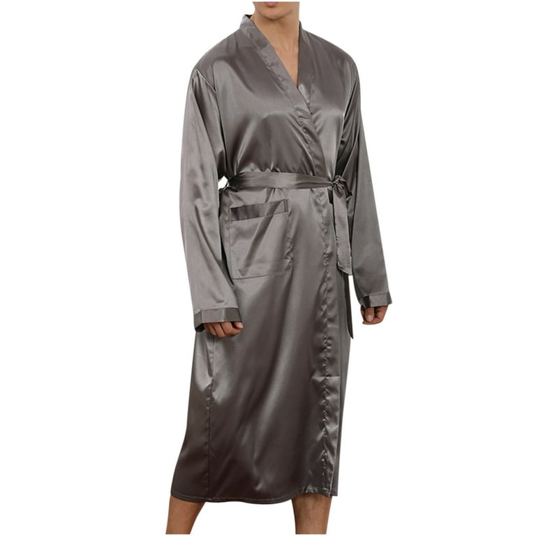 vokkrv Mens Satin Robe Kimono Dressing Gown Lightweight Silk Long Sleeve Bathrobe with Belt and Pockets Dark Gray Xxxl, Adult Unisex, Size: 3XL