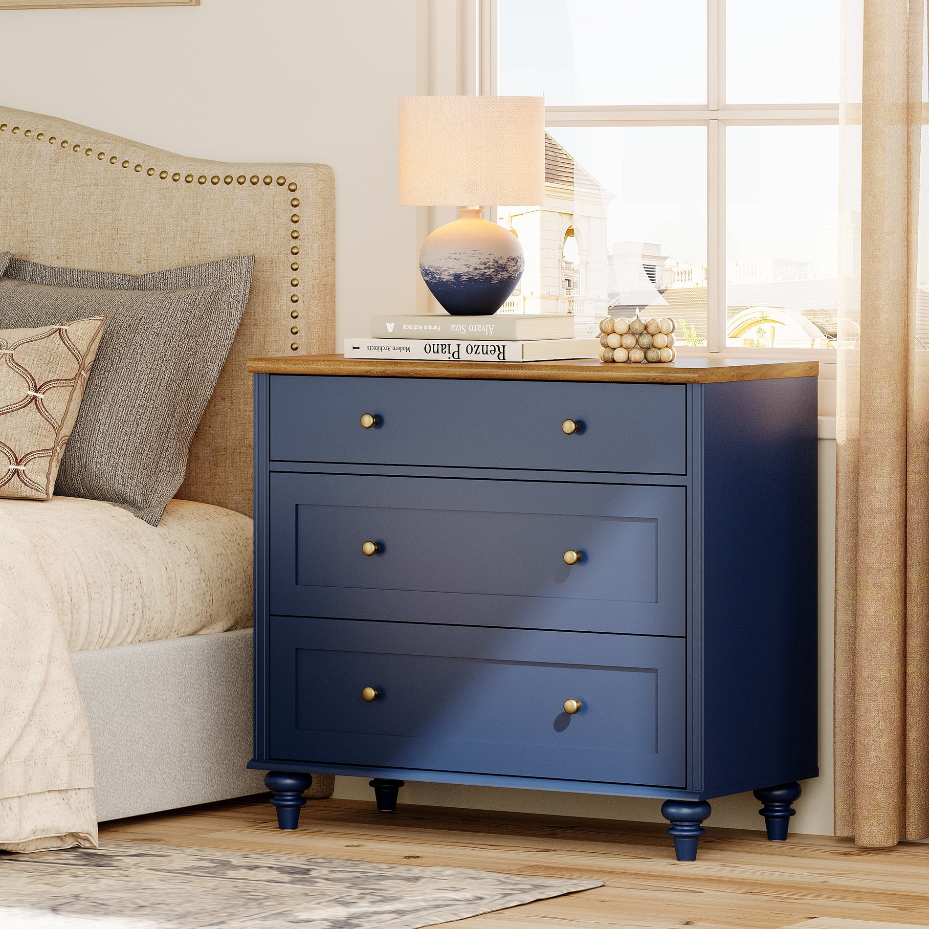 Navy Blue End Table with 3 Drawers, Large Wood Bedside Table Night Stand, Wide Sofa Side Table 3 Drawers for Living Room, Bedroom, 2 PCS