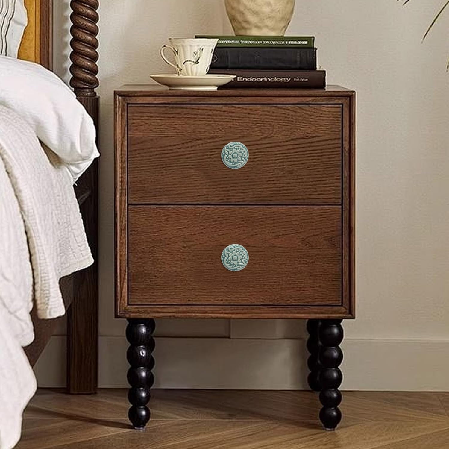 8 Pcs Round Ceramic Drawer Knobs Cabinet Furniture Handle Vintage Flower Pattern Knobs, with Mounting Screws, Green
