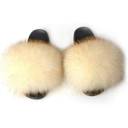 

Womens Luxury Fur Sliders Slippers Furry Slides Fashion Flat Soles Soft Summer Slippers