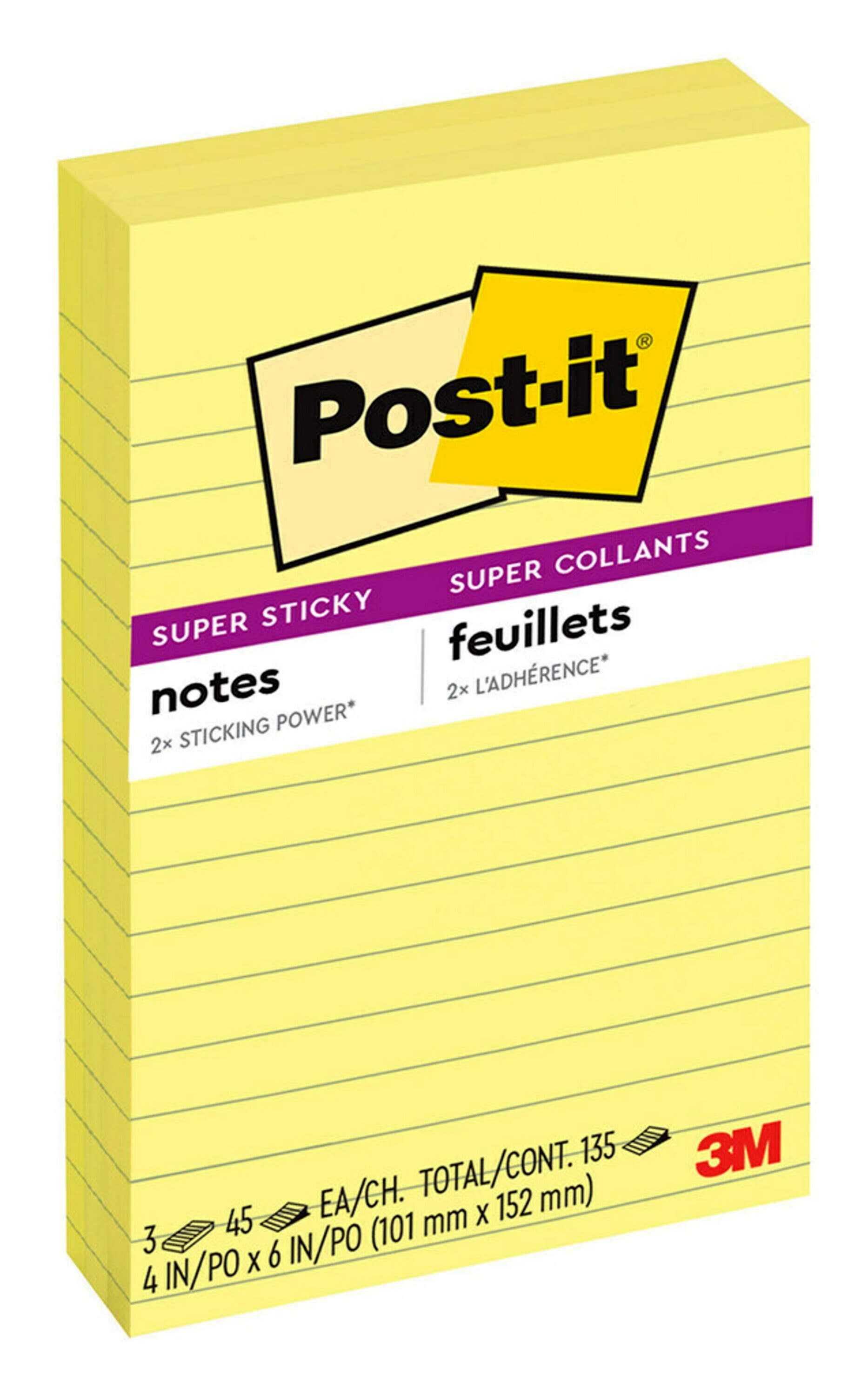 Post-it Super Sticky Lined Notes, 4" x 6", Canary Yellow, 3 Pack