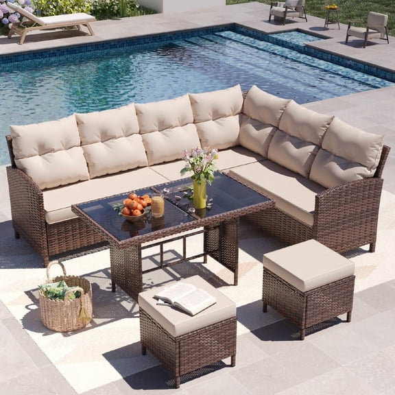 AMOPATIO 7-Piece Patio Furniture Set, Outdoor Sectional Sofa with Dining Table, All Weather Rattan Conversation Set with Ottoman, Khaki