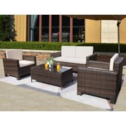 Devoko 4 Pieces Patio Conversation Set PE Rattan Wicker Furniture Sofa Set Outdoor Indoor Furniture Set, Beige