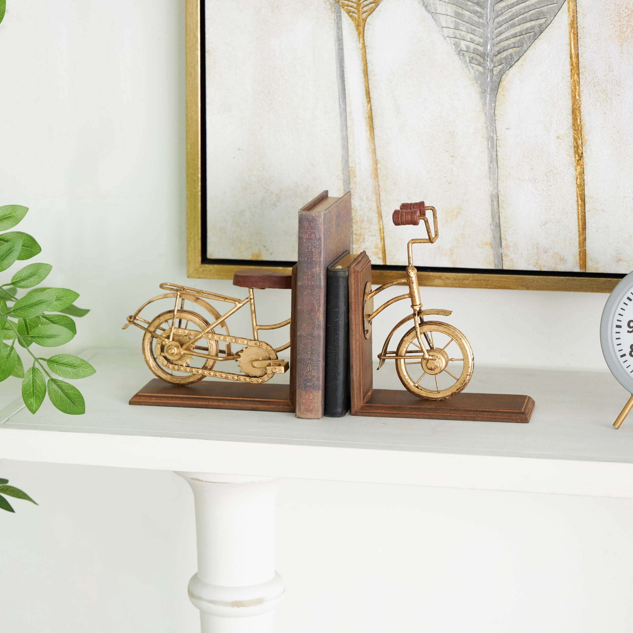 DecMode 7" Bike Brass Wood Bookends (Set of 2)