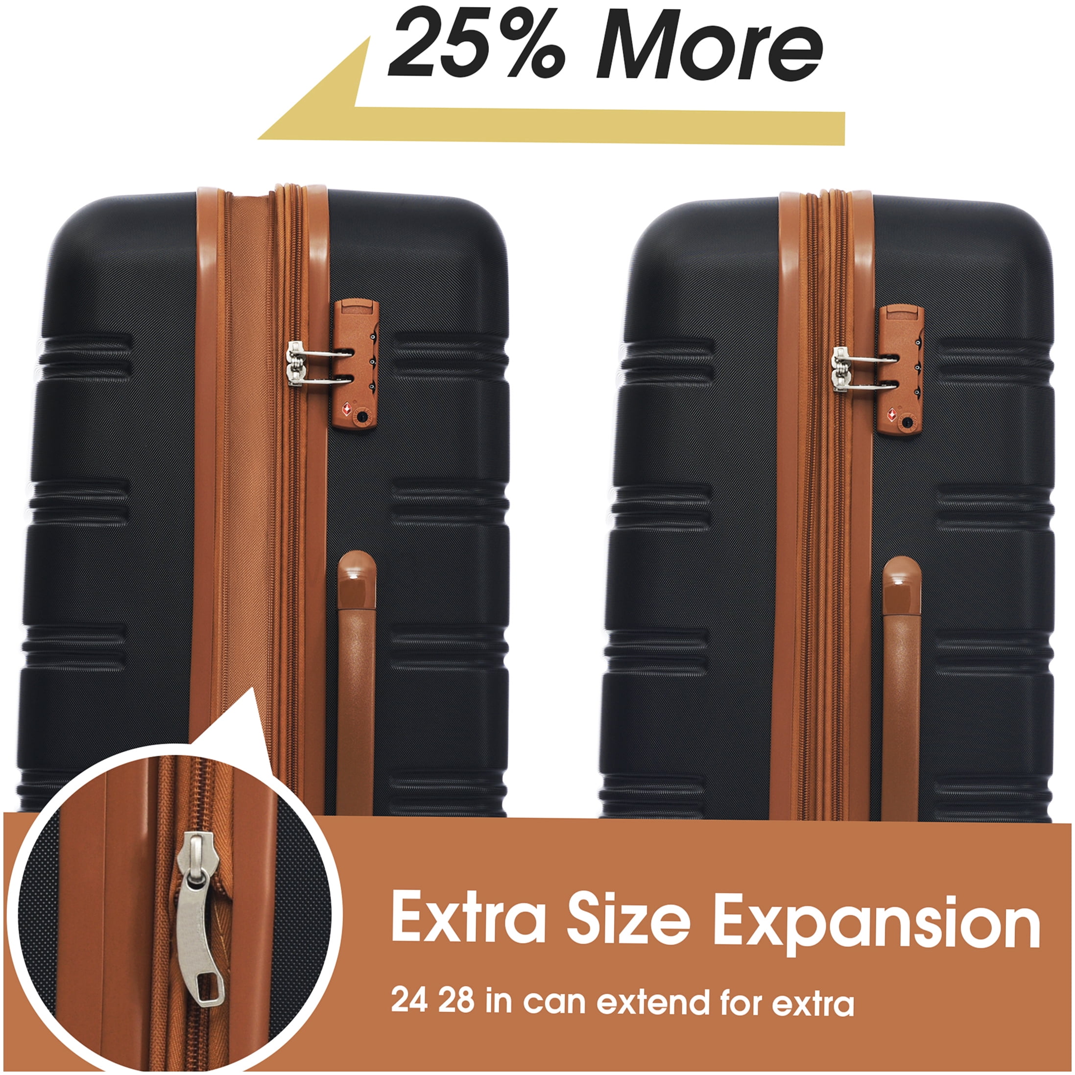 Lightweight ABS Hardshell Suitcase Set with TSA Lock, 20" & 28" Expandable Spinner Luggage in Black/Brown