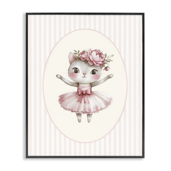 Stupell Industries Nursery Ballerina Cat Striped Black Framed Giclee Art, design by LSR Design Studio