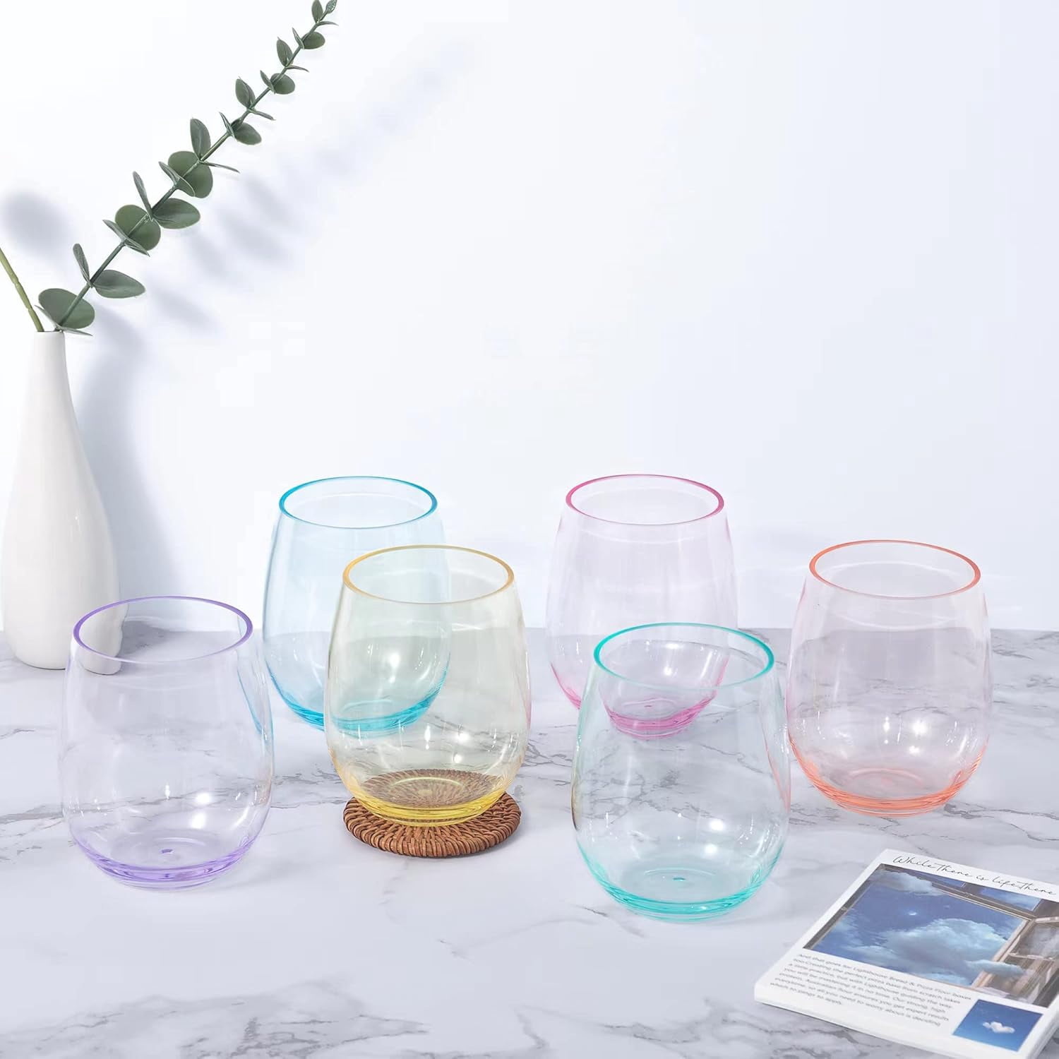 KX-Ware Classic Unbreakable 18 Ounce Acrylic Stemless Wine Glasses, Set of 6 Multicolor