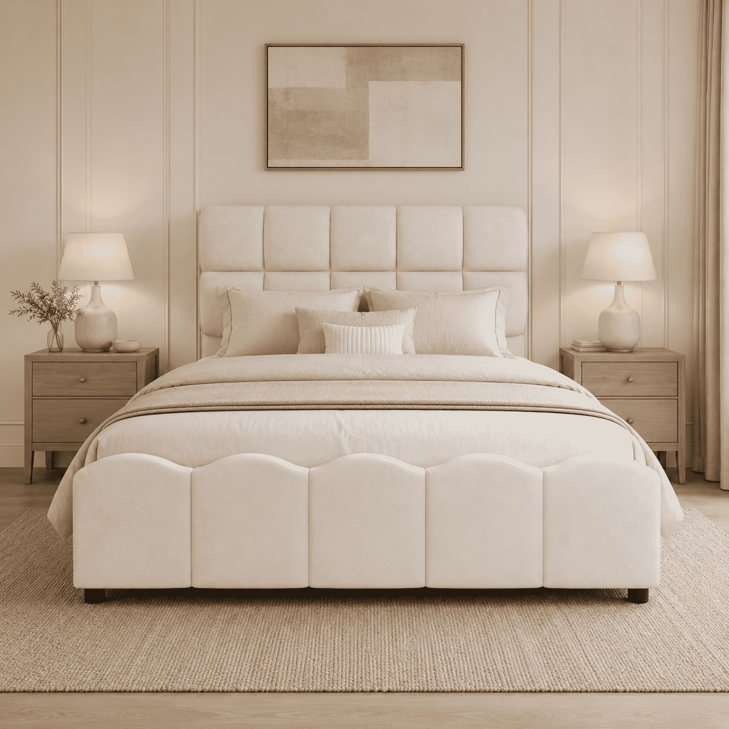Euroco Upholstery Velvet Full Size Platform Bed with Tall Panel Headboard, No Box Spring Needed, Beige
