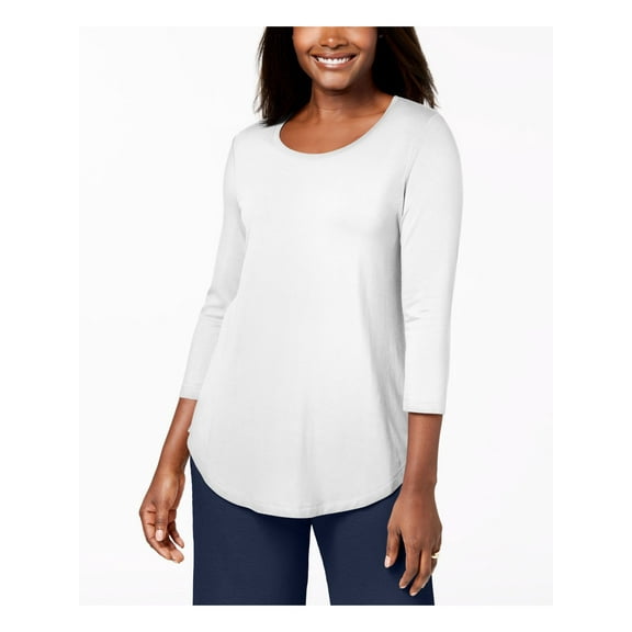 JM COLLECTION Womens Ivory Stretch 3/4 Sleeve Scoop Neck Top L