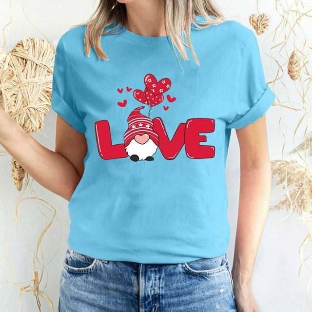 T-shirt à Manches Courtes Imprimé Amour de la Saint-Valentin pour Femmes, Col Rond