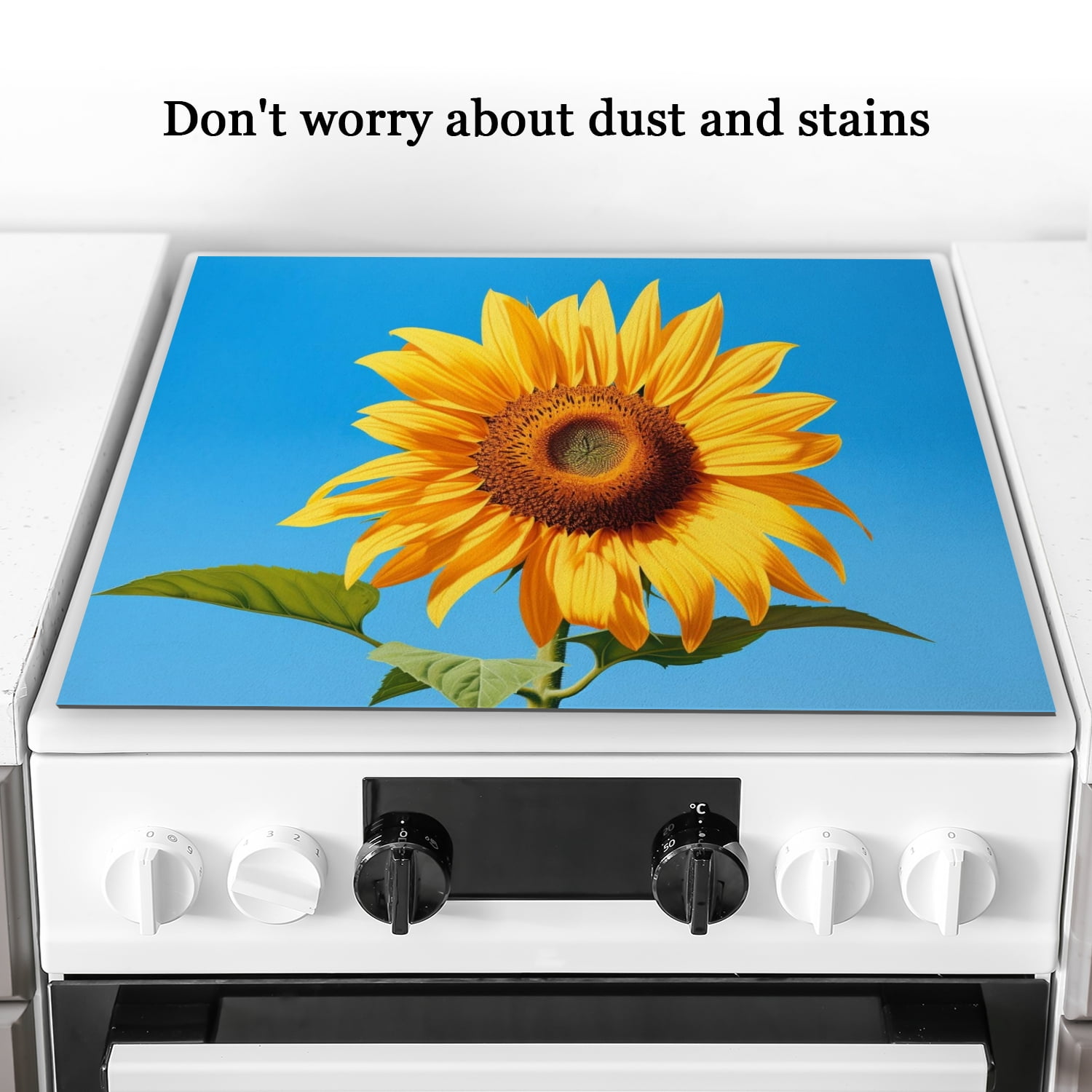 Square Cover for Stove Top Electric Flat Top, Blue Sky and Yellow Sunflower Glass Stovetop Cover, Decorative Cooktop Mat for Kitchen RV (28×20 Inch)