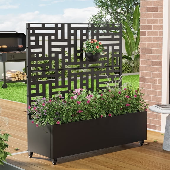 MAYEERTY 47.2"×47.2"×15.7" Black Iron Planter Box with Trellis - "Helen Street 01" Style, Suitable for Outdoor Spaces