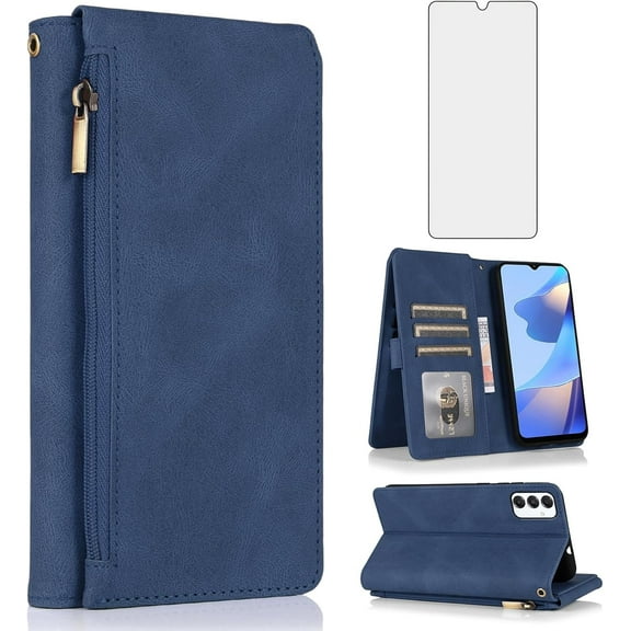 Asuwish Phone Case for Samsung Galaxy A16/A26 5G Wallet Mobile Credit Cell Cover with Tempered Glass Screen Protector Flip Zipper Stand Card Holder Slot A 16 26 16A 26A 4G SM-A166U Women Men Blue