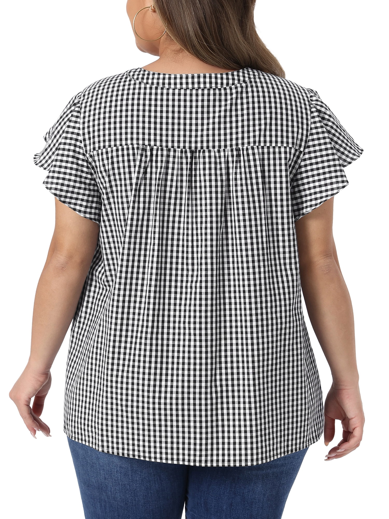 DARING DIVA Women's Plus Button Down Round Neck Ruffle Sleeve Plaid Tops 3X Black