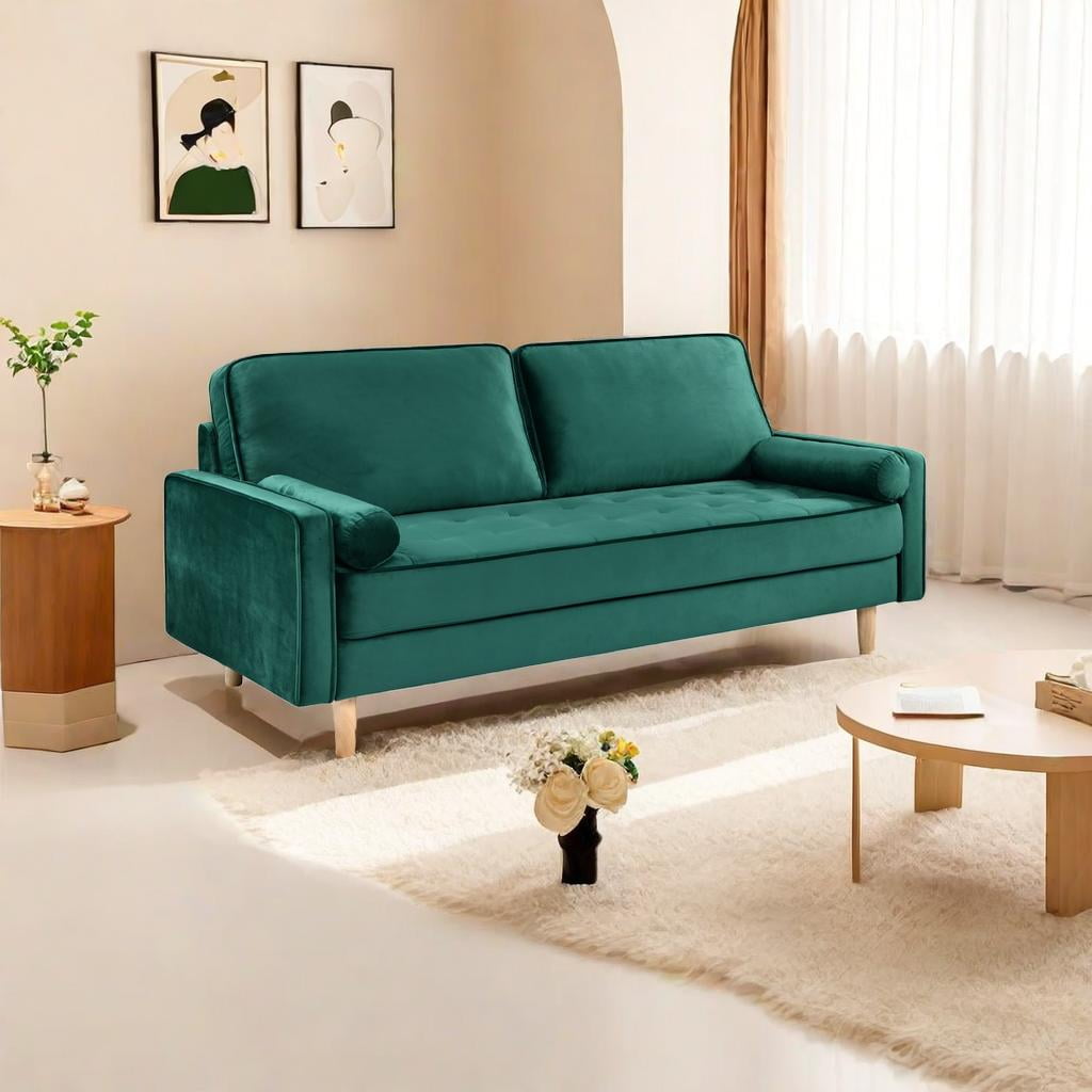 70" Modern Velvet Loveseat Sofa Couch,Mid-Century Tufted Upholstered Small Love Seat Couch with 2 Pillows for Compact Space,Living Room,Apartment,Green