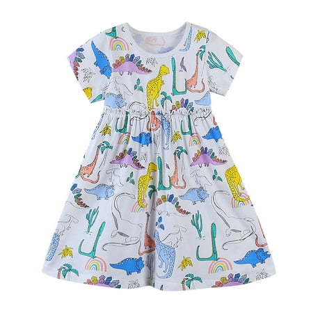 

CLZOUD Swing Dress for Girls White Cotton Blend Toddler Girls Child Short Sleeve Dinosaur Prints Summer Beach Sundress Party Dresses Princess Dress 4T