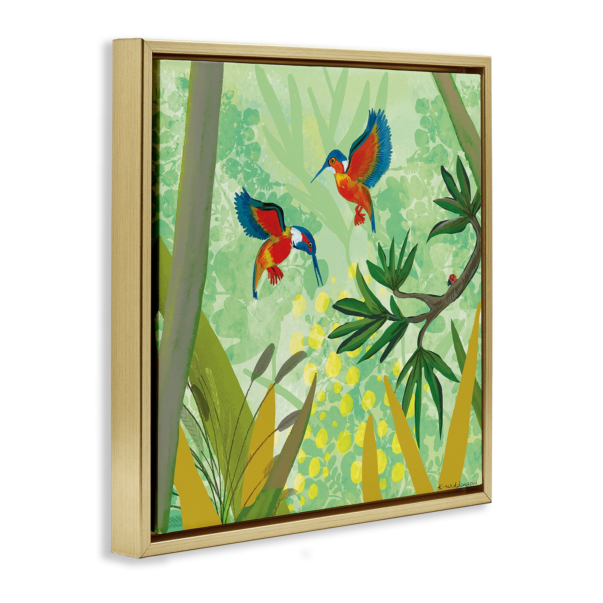 Stupell Industries Kingfishers in Jungle Branches Gold Framed Floater Canvas Wall Art, design by Kay Widdowson