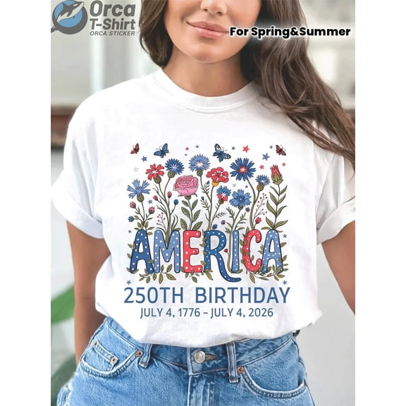 Retro America 250th Birthday Floral T-Shirt Women's Patriotic USA Independence Day 1776-2026 Semiquincentennial Graphic Tee
