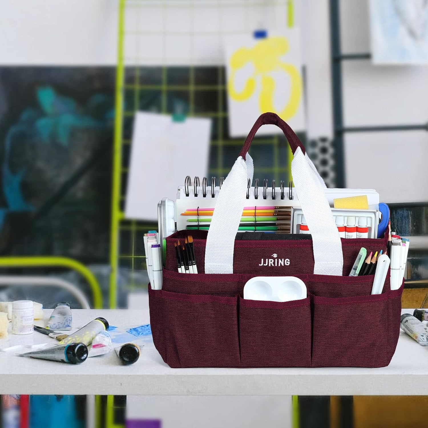 LAVFOX Craft Organizer Tote Bag, Multi-Pocket Art Storage Caddy Bag for Sewing, Scrapbooking, and Painting, Portable Desktop Utility Organizer for School, Medical, and Office Supplies, Burgundy