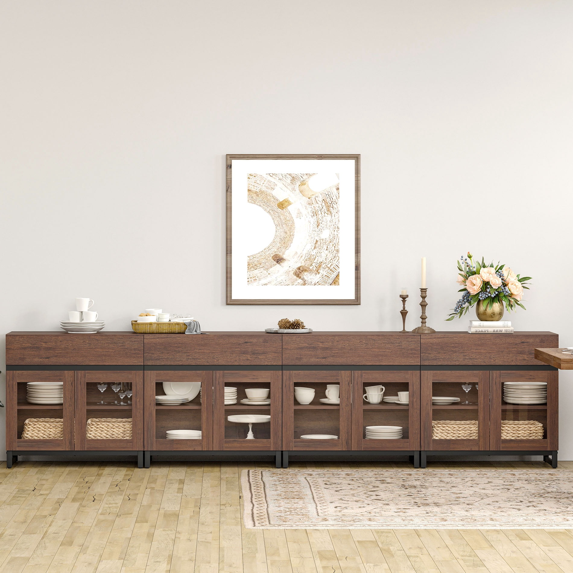 4 in 1 Sideboard with 8 Glass Doors & 4 Drawers, Metal Base, Wood Grain for Living Room, Kitchen,Brown