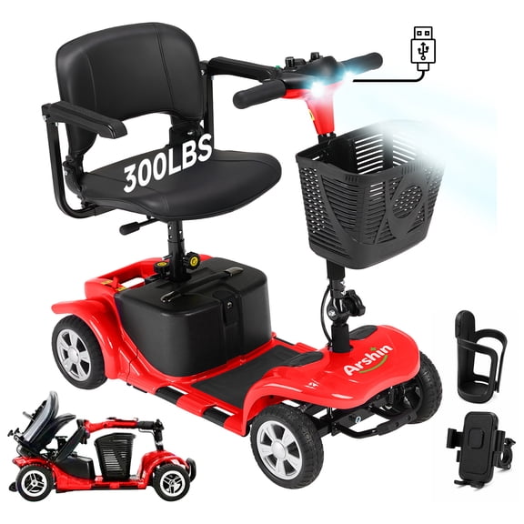 Arshin Upgrade 4 Wheels Mobility Scooters for Seniors & Adult,All Terrain Motorized Scooters with 300 lbs,Red