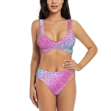 Zeuib Fun Rainbow High Waisted Tummy Control Bikini Set - Knot Front Push Up Top & Cheeky Thong Bottom  Two-Piece Swimsuit for Women-XX-Large
