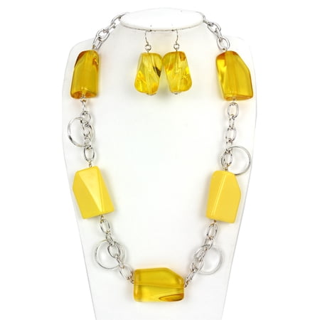 Faceted Acrylic Beaded NE + ER Set w/ Silver Coating Chain - Yellow - NE-S6675LYEL