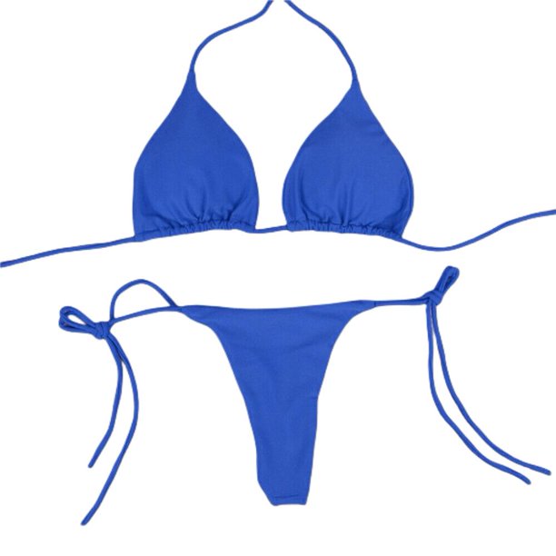 Traje Baño Dos Piezas Con Cuello Halter para Mujer Cordones Spandex Sólido Sexy Tanga () Azul