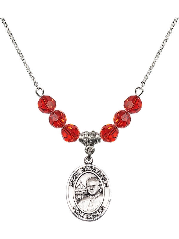 Bonyak Jewelry 18 Inch Rhodium Plated Necklace w// 6mm Red July Birth Month Stone Beads and Saint John Paul II Charm