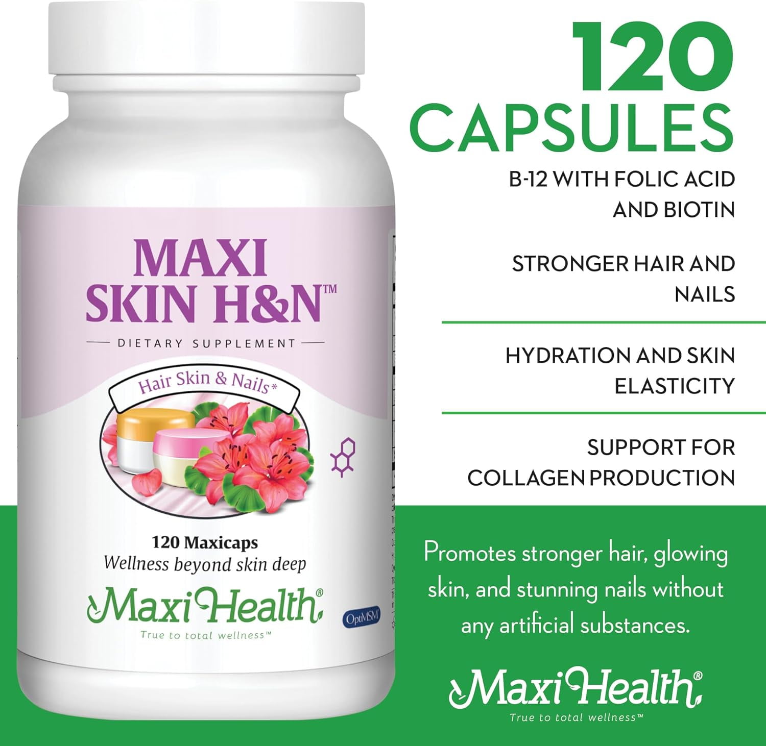 Maxi Health Skin, Hair & Nail Support, 120 Capsules – Biotin, Hyaluronic Acid & MSM – Adult Beauty Supplement