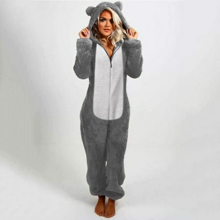 

〖CFXNMZGR〗Overcoats For Women Crew Neck Long Sleeve Hooded Jumpsuit Pajamas Casual Winter Warm Rompe Sleepwear