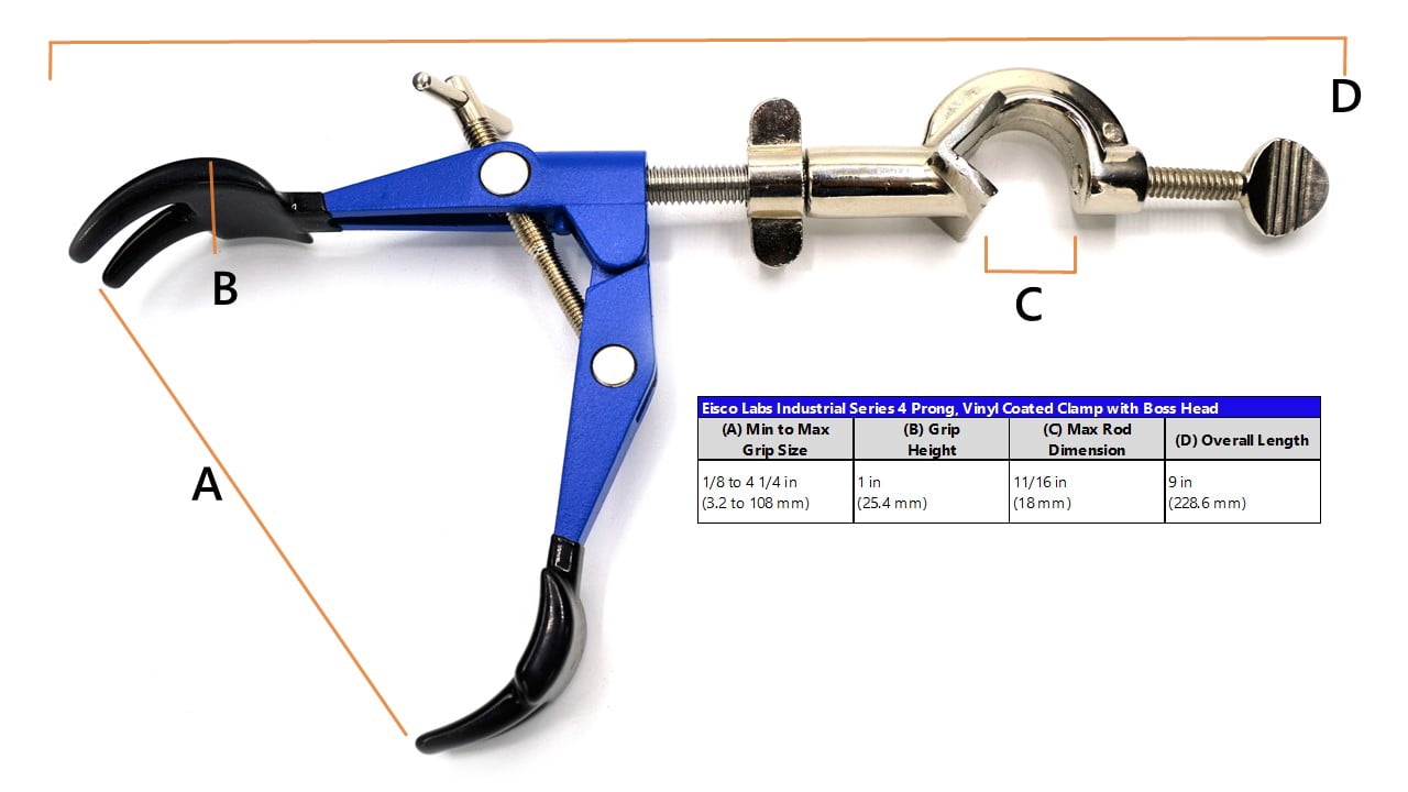 4 Prong, Vinyl Coated Clamp on Swivel Bosshead - 4.1" Max Clamp Opening, Bosshead fits up to 18mm Rods - Powder Coated Zinc Alloy Clamp - Research, Industrial Laboratory Grade -  Eisco Labs