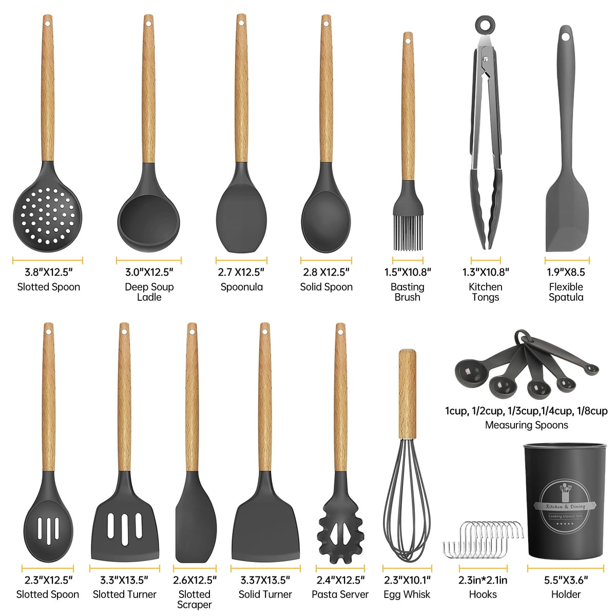GPED 29 Pcs Silicone Kitchen Utensil Set, Cooking Utensils Set with Wooden Handle, Food Grade Silicone Spatula Set, BPA-Free, 446°F Heat Resistant Kitchen Gadgets Tools Set, Gray