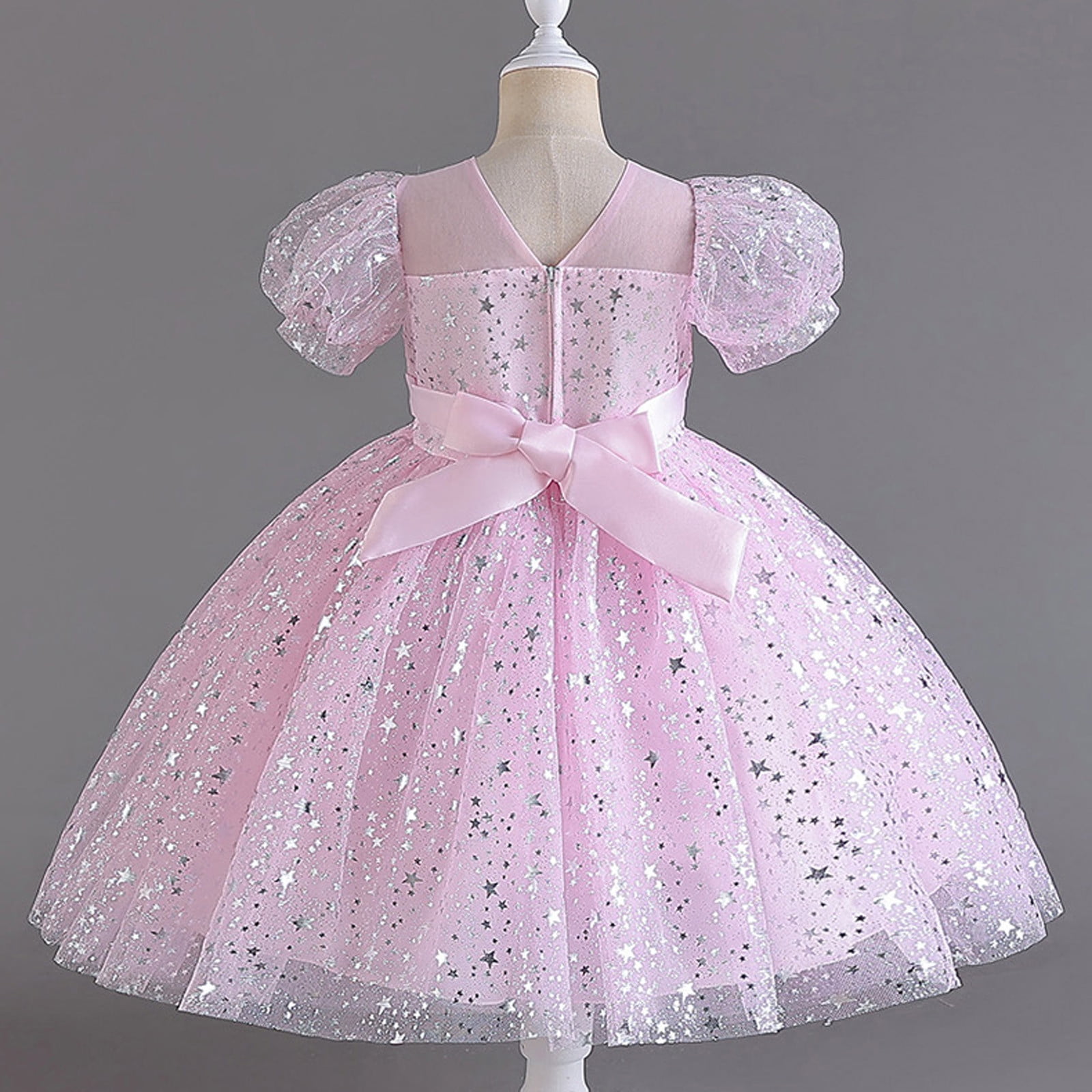 Girls Sequins Tutu-Dresses Layered-Tulle Size 4-12 Toddlers Kids Cute Short Puffed Sleeve Crewneck A-Line Birthday Evening Party Dress