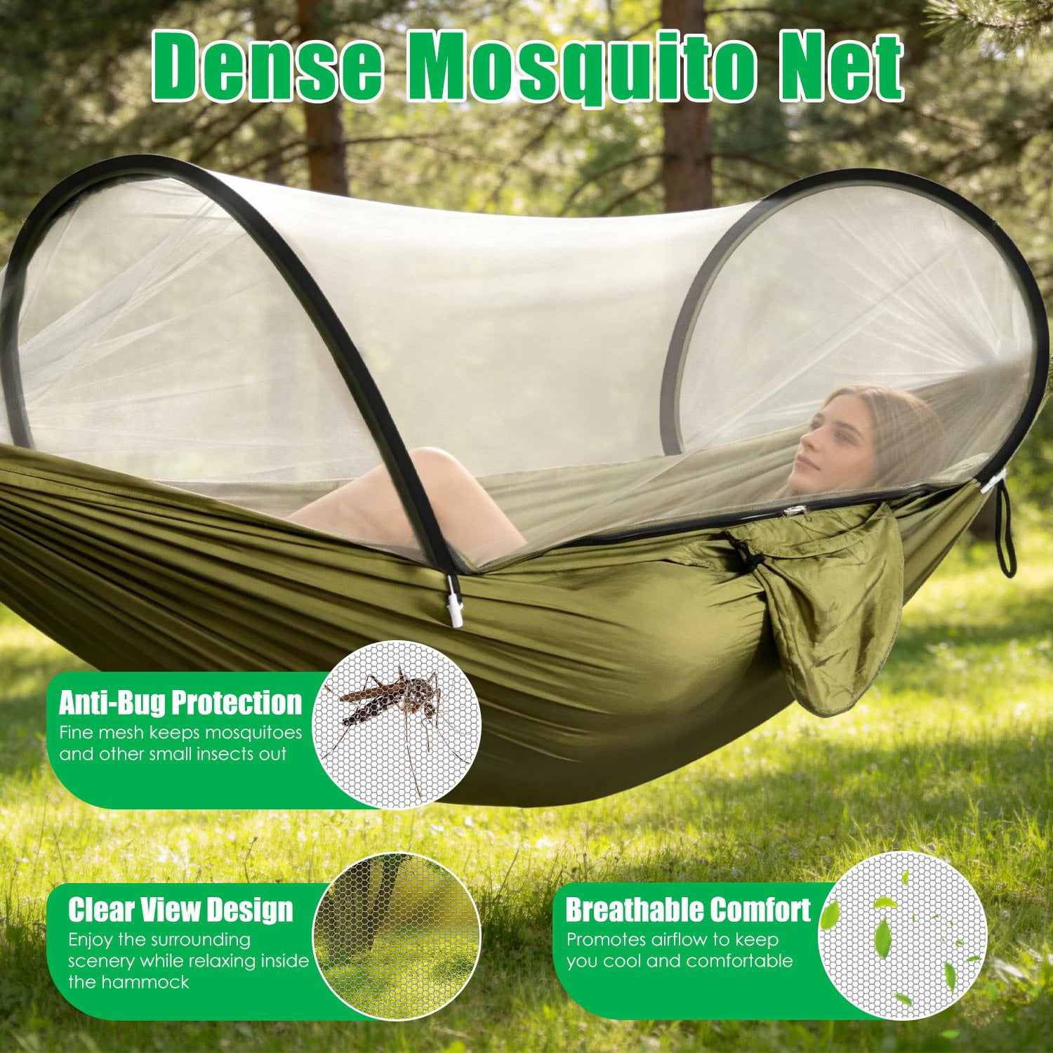 3 in 1 Camping Hammock with Automatic Pop-Up Mosquito Net, Lightweight 70D Nylon Portable Hammock Supports 440lbs, Dual Zipper Outdoor Hammock for Camping Hiking Backpacking Beach Backyard
