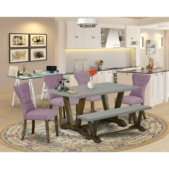East West Furniture V-Style 6-piece Wood Dining Set in Jacobean Brown/Dahlia