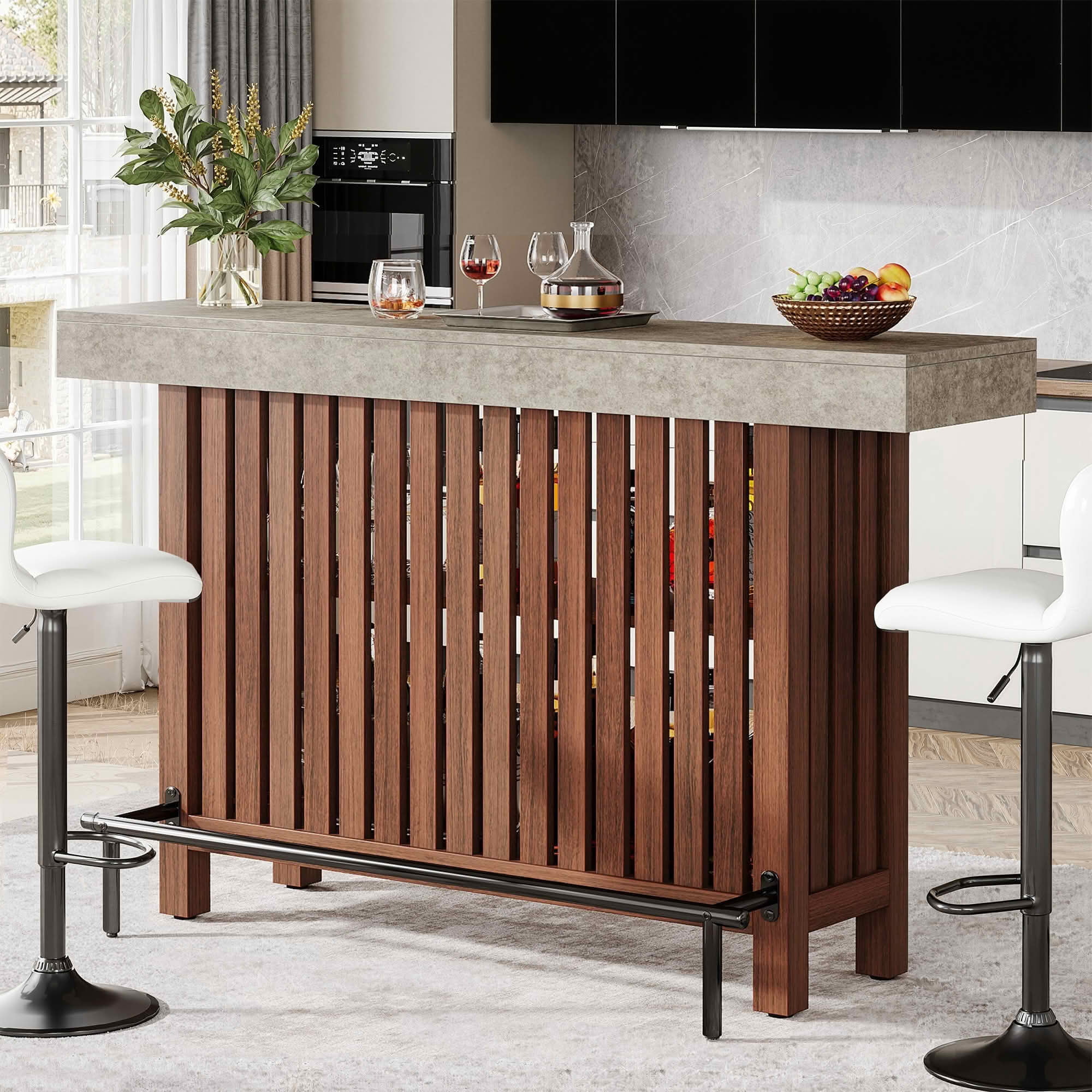 MAYEERTY 63 Inch 2 Tier Home Bar Unit, Height Pub Table with Storage Shelves, Modern Kitchen Island with Adjustable Foot Pads for Basement Living Room