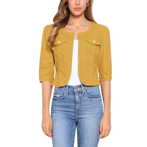 CHAQUETA DE JEAN CORTA SIN CUELLO PARA MUJERES CON MANGAS 3/4 EN AMARILLO BRILLANTE TAMAÑO L