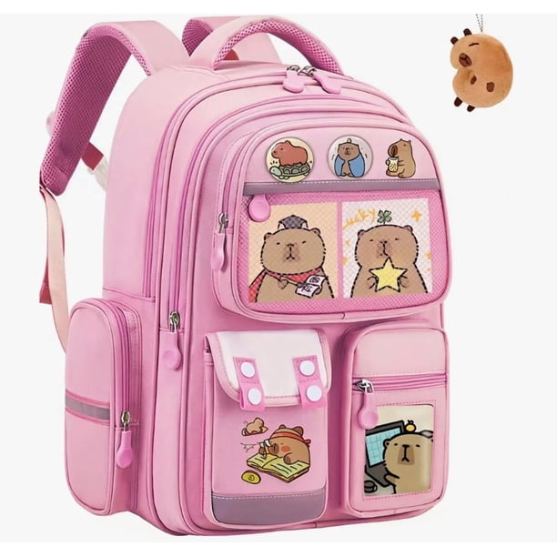 Mochila Capibara Escolar Kawaii Con Accesorios Regalo Para Unisex Jóvenes Y Niños Modelo Rosa