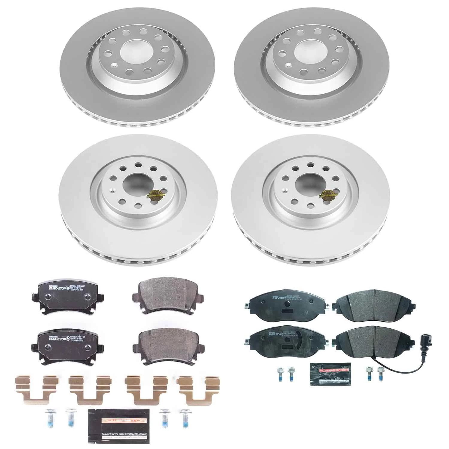 Power Stop Front and Rear Euro-Stop ECE-R90 Certified Brake Pad and Rotor Kit ESK7254 Fits 2017 Volkswagen GTI