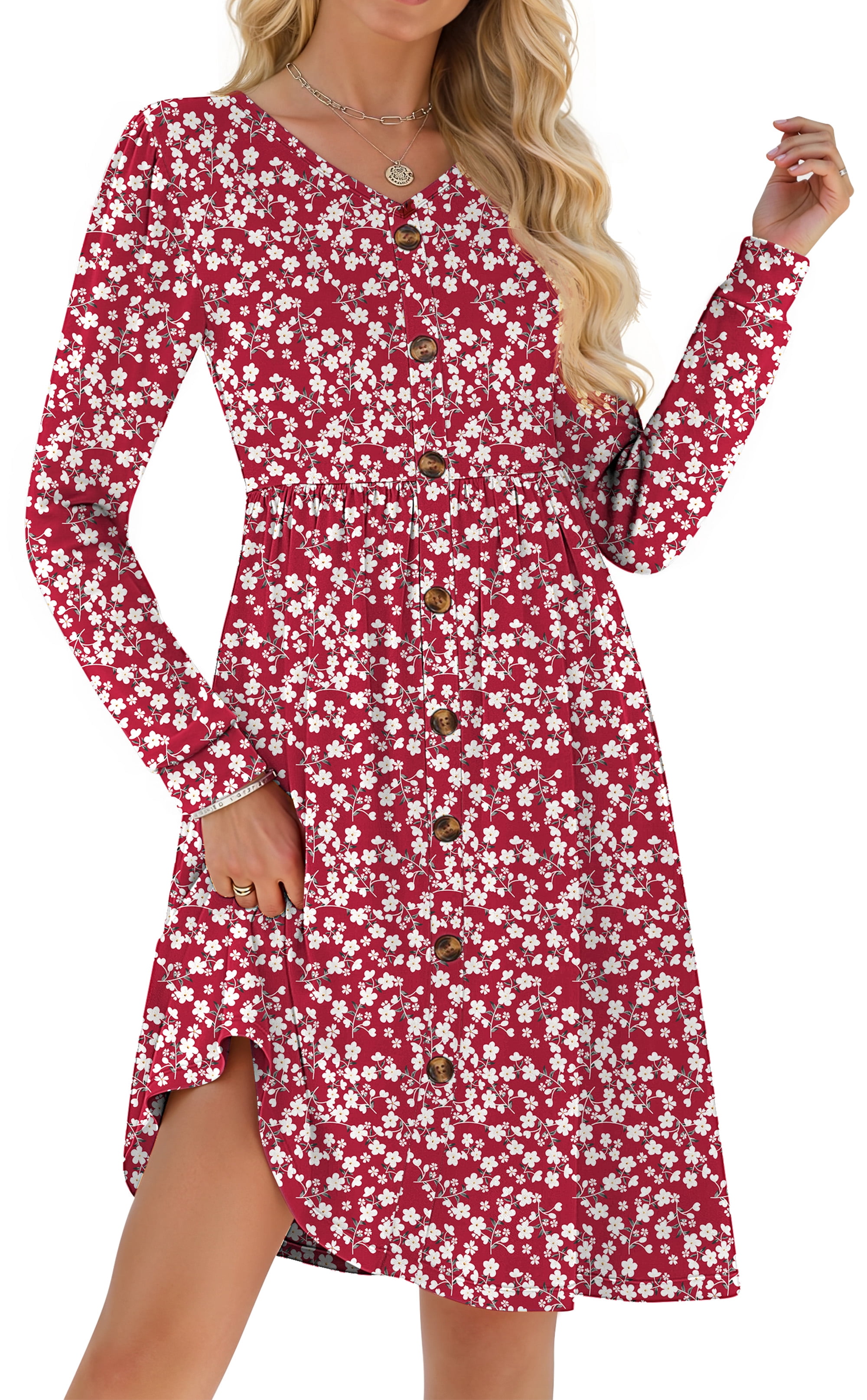 Fantaslook Long Sleeve Dresses for Women V Neck Casual Fall Dress Button Floral Midi Dresses with Pockets