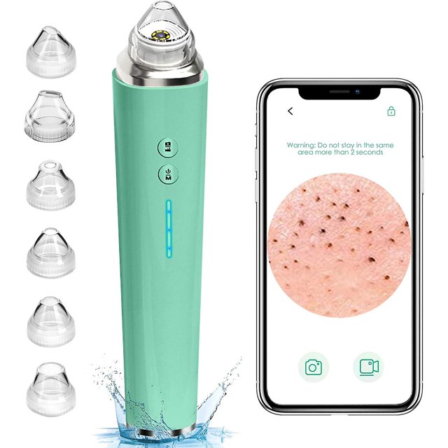 Aspirador de puntos negros, limpiador de poros faciales visible mejorado con wifi con cámara de botón y 6 cabezales de succión, herramienta de succión eléctrica recargable (verde)
